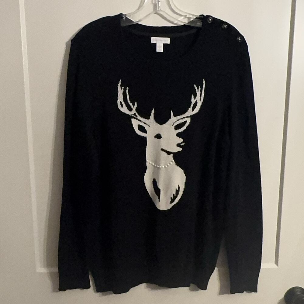 Charter Club Women's Black Deer Christmas Sweater L Pullover Knit Embroidered